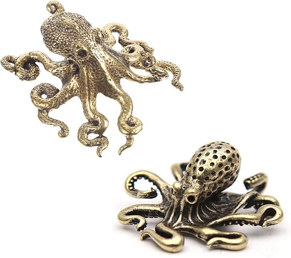 2pcs Octopus Decor Statue,Chinese Brass Octopus Sculpture, Animal Collectibles Figurines Home Fengshui Desktop Ornaments for Bathroom Office Decor