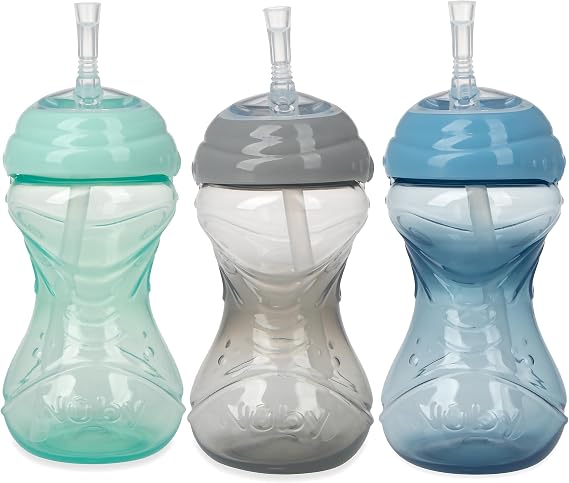 Nuby 3 Piece No-Spill Easy Grip Cup with Flex Straw, Clik It Lock Feature, Neutral, 10 Ounce
