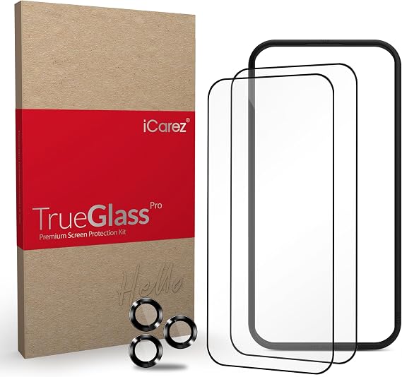 iCarez Tempered Glass Screen Protector for iPhone 15 Pro 6.1-inches 2023 [2-Pack] Case Friendly Full Coverage Tray installation Black Frame
