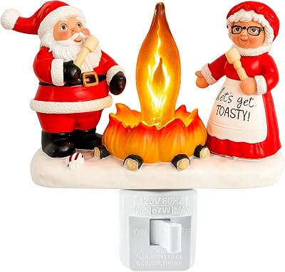 Santa Claus & Mrs. Claus Christmas Campfire Flickering NightLight,Cute Swivel Plug-in Figurine Lamp for Holiday Decor, Indoor. Campfire Night Light with Flicker Bulb,Figurine Light