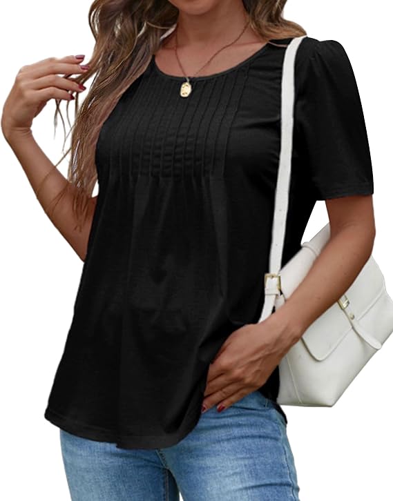 PopReal Women's T-Shirt Pleated Short-Sleeve Crew Neck Loose Fit Tops Casual Summer 2024 Trendy