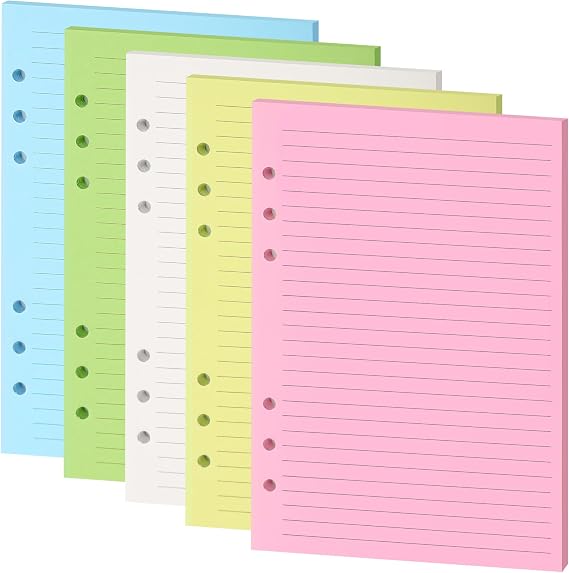 Lined Refill Paper, Colorful Ruled Journal Fillers, A5 Planner Inserts | for 6-Ring Binder,5-color 120 GSM Thick Loose Leaf Paper,50 Sheets/100 Pages (Colorful Lined, A5)