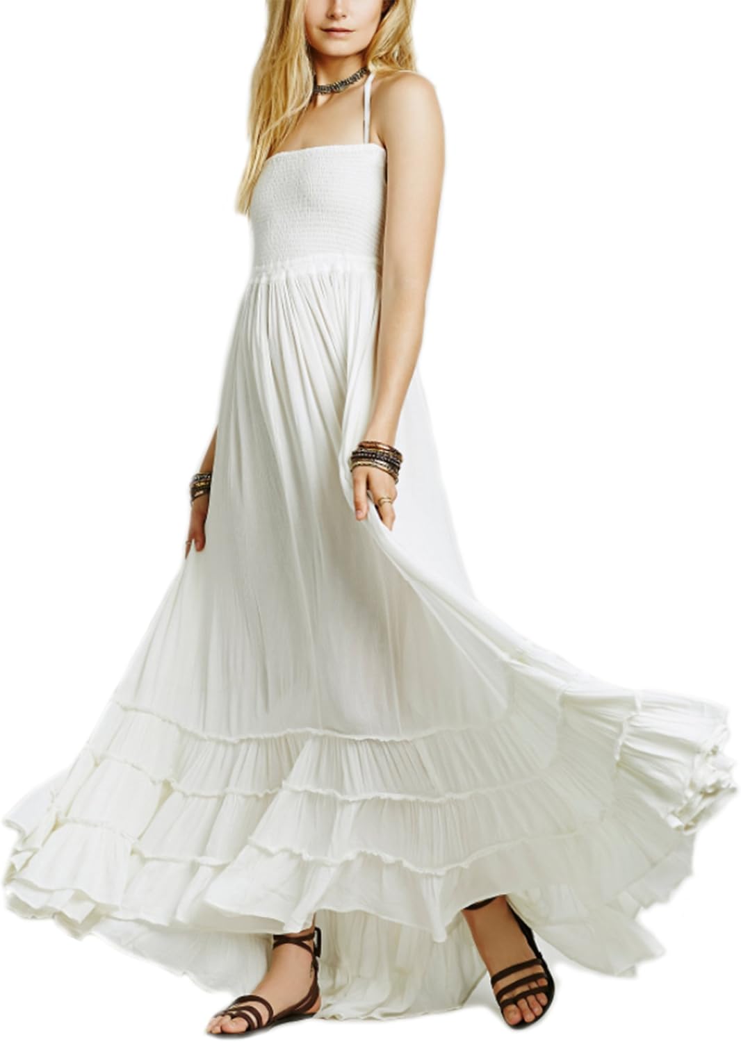 Womens Sexy Sleeveless Long Beach Dress Boho Long Strapless Dress Cotton 5 Color White