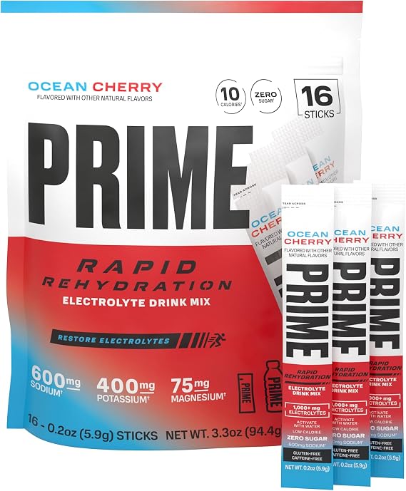 Prime Hydration+ Rapid Rehydration Sticks Ocean Cherry Hydration Powder Single Serve Sticks, Electrolyte Powder On The Go, Low Sugar, Caffeine-Free, Vegan, 16 Count