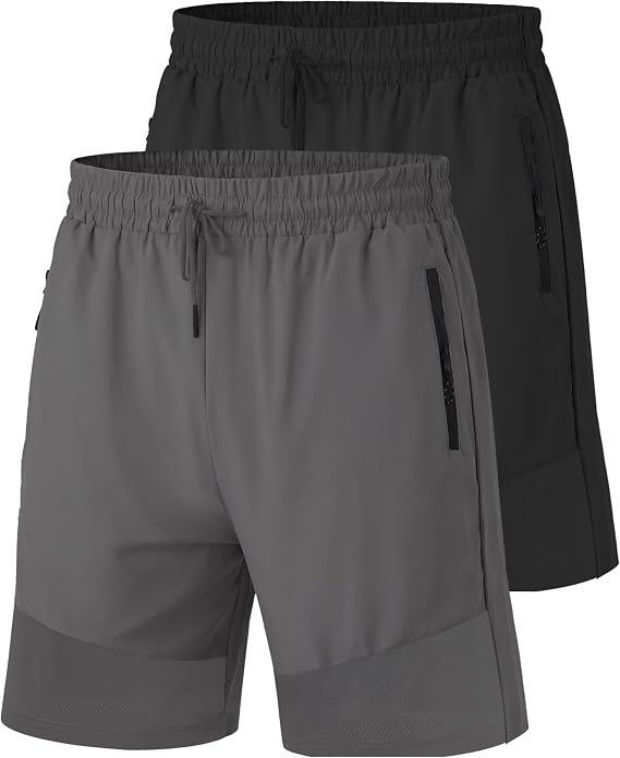 2 Pack 7" Mens Athletic Shorts Quick Dry Mesh with Zipper Pockets