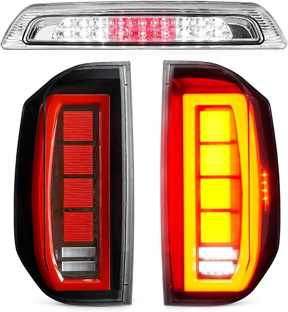 LED Tail Light + 3rd Third Brake Light Kit Fit for Toyota Tundra 2014-2018, Taillight Assembly High Mount Stop Light Replacement 3 Pcs, Clear Lens