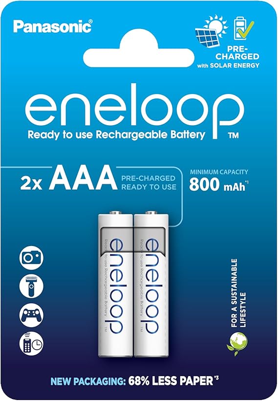 eneloop AAA/Micro NI-MH Akku 2er-Pack Kapazität mit min. 800 mAh Ready-to-Use NI-MH Akkus bis zu 2000 Mal wiederaufladbar plastikfreier Verpackung Standard weiß