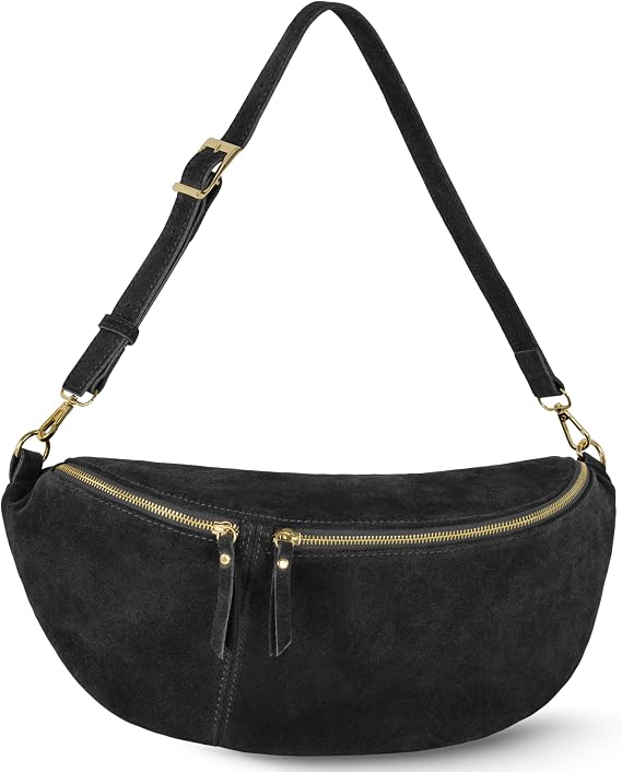Italian Genuine Suede Crossbody Bag for Women with Zipper & Detachable Strap | Large Travel Chest Sling Fanny Pack (Black)