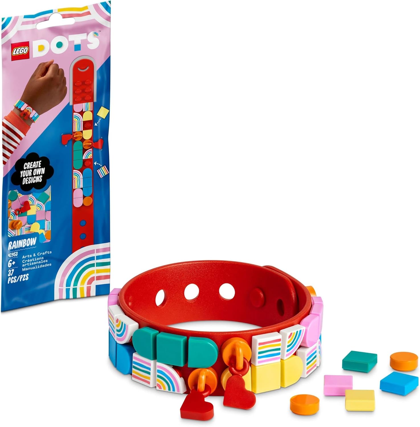 LEGO DOTS Rainbow Bracelet with Charms 41953 DIY Bracelet Building Toy Set for Girls, Boys, and Kids Ages 6; Craft Kit with Unlimited Variations 37 Pieces