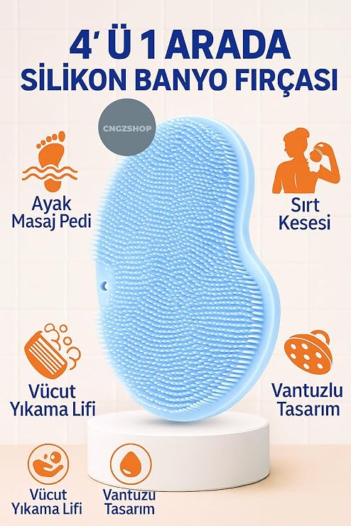 Vantuzlu Silikon Banyo Fırçası, Ayak Masaj Pedi, Sırt Kesesi, Vücut Yıkama Lifi, Mavi