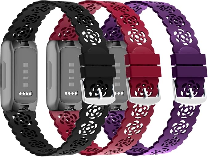 3-Pack Slim Silicone Bands Compatible with Fitbit Inspire 3/Inspire 2/Inspire HR/Inspire, Lace Silicone Thin Narrow Rose Hollowed-out Sports Replacement Wristband Strap