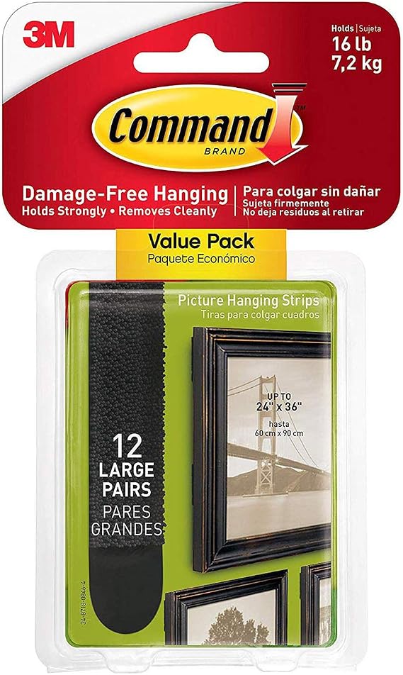 3M Command Large Picture Hanging Strips, Holds 16 pounds, Decorate and Hang Damage-Free, Indoor, 12 Pairs, Value Pack, Hangs 3-6 Frames