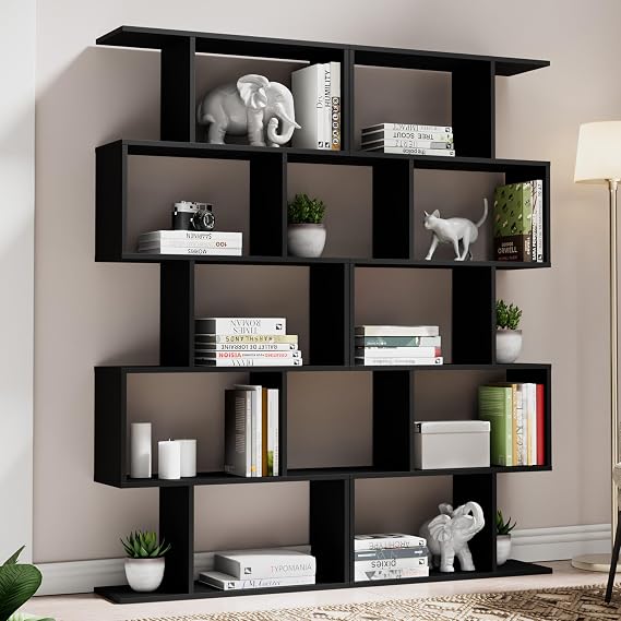 Set of 2 Geometric Bookcase, S-Shaped Modern Bookshelf, Room Divider Bookshelf, 62" Tall Unique Abstract Bookcase with 5-Tier Display Shelf for Living Room Office, Black