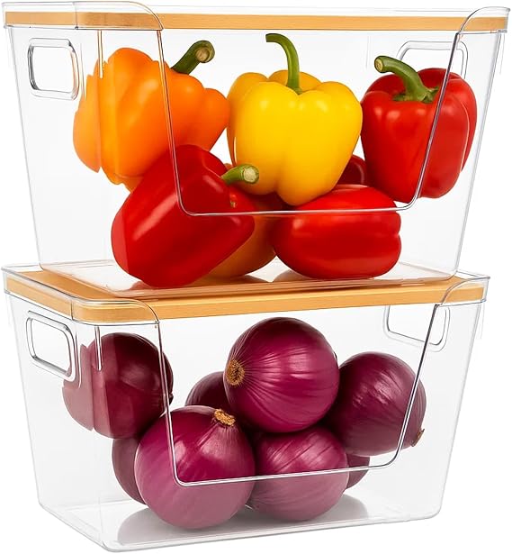 2PC Stackable Fridge Organizers with Lid Produce Storage Bins | Clear stackable fridge storage organizers with lids, ideal for fruits, vegetables, onions, potatoes and kitchen organization.
