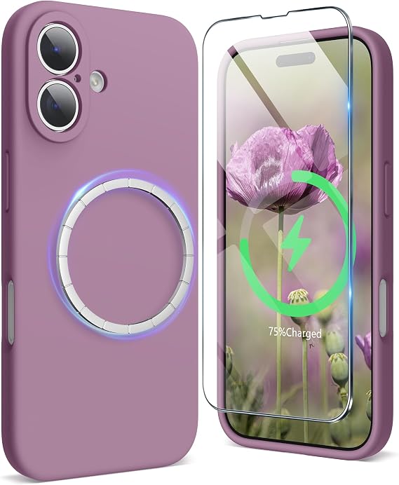 SURPHY Designed for iPhone 16 Plus Case Compatible with MagSafe (6.7 inch 2024), with Screen Protector Liquid Silicone Phone Case (Camera Protective, Soft Microfiber Lining), Lilac Purple