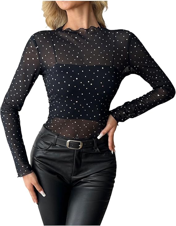 Womens Sparkly Mesh Shirts Long Sleeve Sheer Lace Undershirts Mock Neck Tee Tops Sexy Clubwear Base Layer Outfits