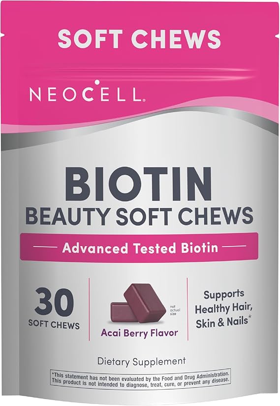 NeoCell Biotin Beauty Soft Chews | 30 Chewables | 10000mcg | Hair, Skin & Nails | Acai Berry Flavor | Hair, Skin & Nails | Acai Berry Flavor
