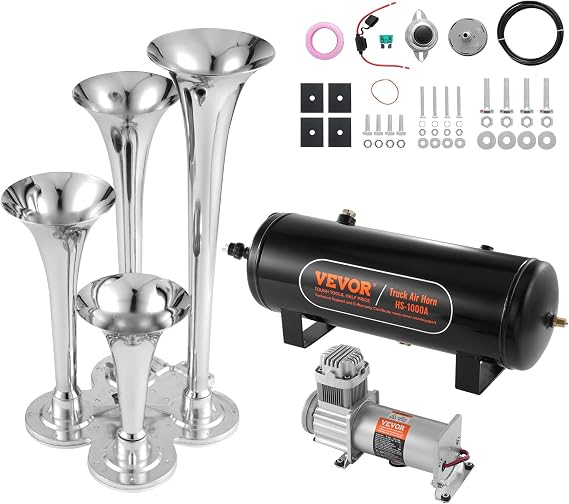 Bestauto Train Horns Kit For Trucks Train Horn Kit 150dB 2.6 Gal Train Air Horn Kit For Truck 12V Train Horn For Complete Kit 160PSI Train Horn For Car 4 Stainless Steel Trumpets For Car Truck BLACK