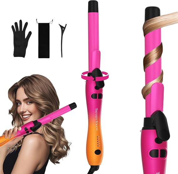 Extra-Long Barrel Rotating Curling Iron with Short Clamp, Automatic Curling Iron 1 Inch Creates Loose Curls for Medium and Long Hair, High Heat 410F, Instant Heat up, Double Ceramic, Dual Voltage