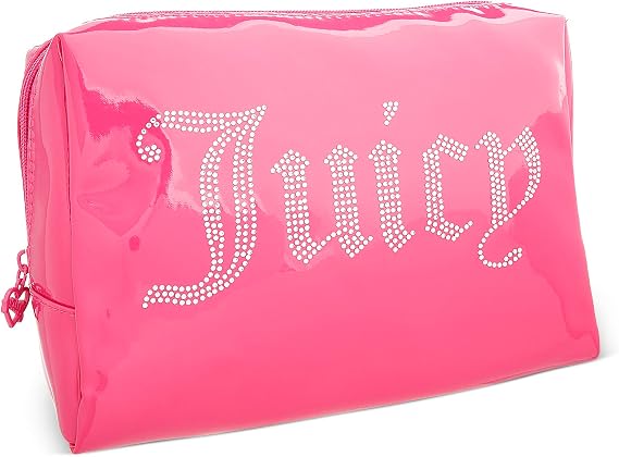 Juicy Couture Hot Pink Makeup Bag Cosmetics Organizer Travel Essentials Zip Top Wedge Shiny Patent Rhinestones