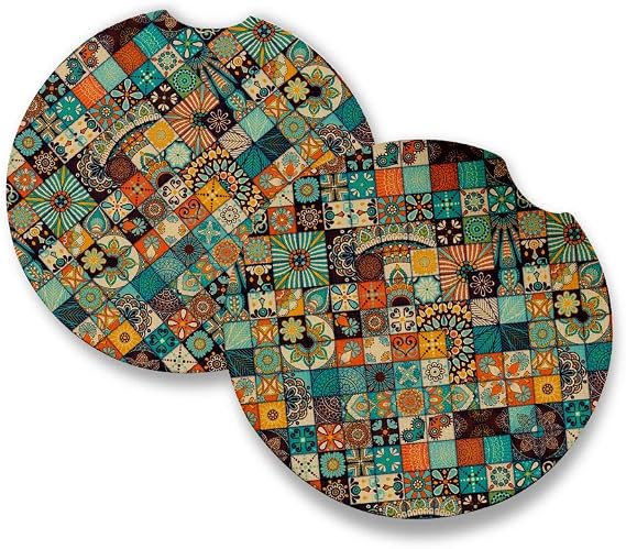 Bohemian 2 | Car Coasters for drinks Set of 2 | Perfect Car Accessories with absorbent coasters. Car Coaster measures 2.56 inches with rubber backing.