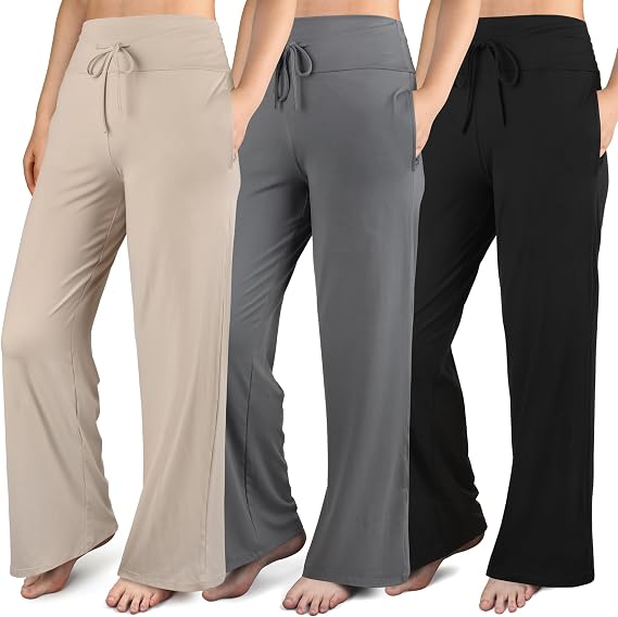 3 Pack Womens Wide Leg Pants with Pockets Comfy Casual Yoga Lounge Pant Sweatpants Loose Pajama Pants