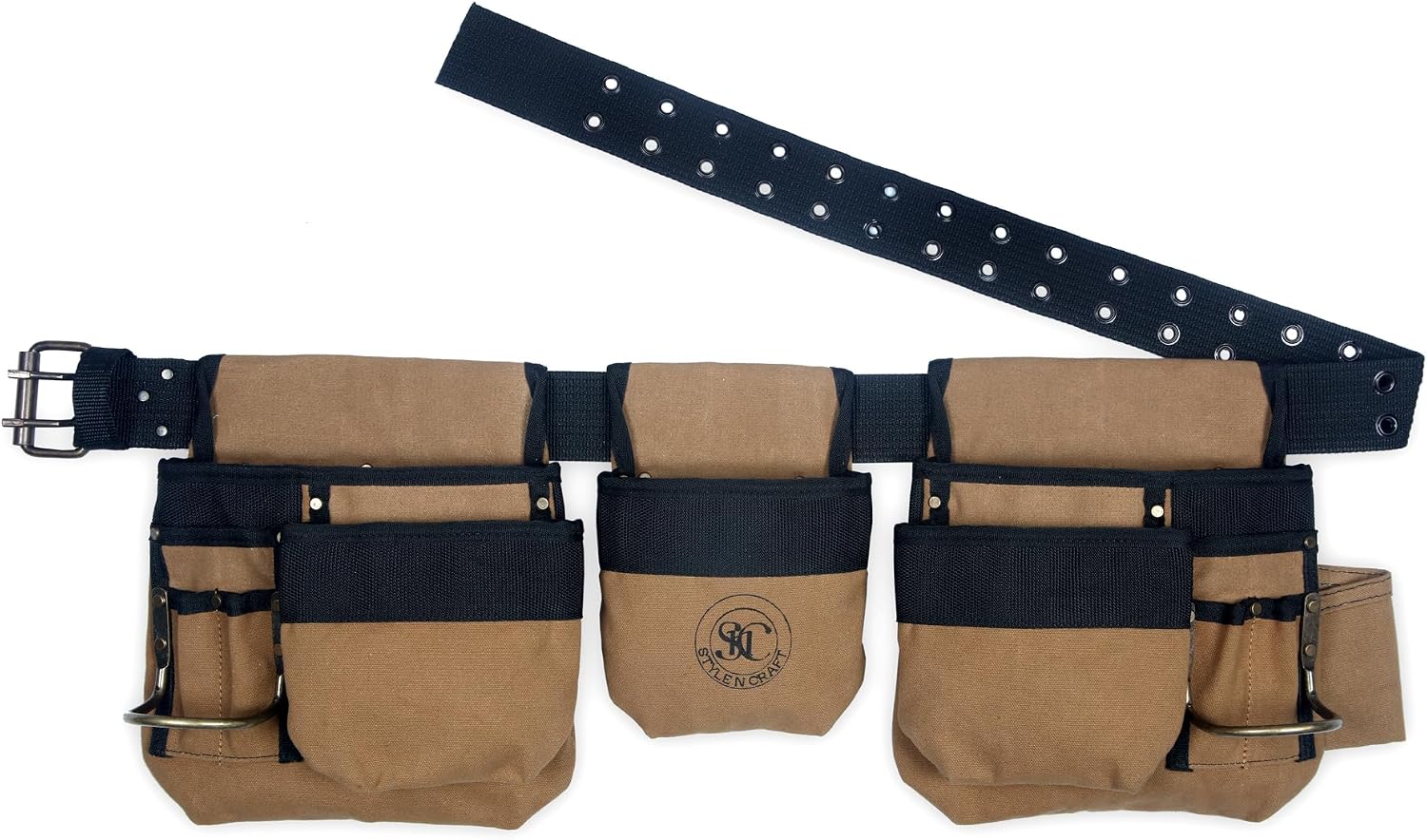 Style n Craft - 4 Piece 12 Pocket Carpenter's Tool Belt Combo, Heavy-Duty Waterproof Canvas Tool Belt Combo, Brown (97425)