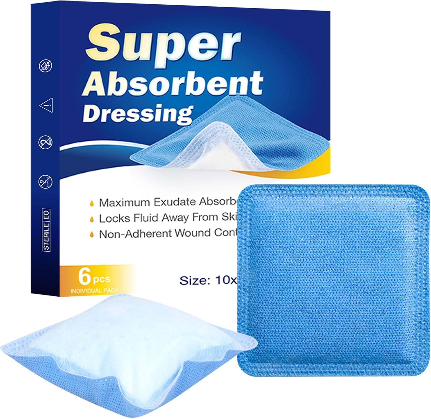 Super Absorbent Dressing Pad 10 x 10cm Sterile Wound Pads for Moderate to Heavy Exuding Draining Wounds 6 Pack