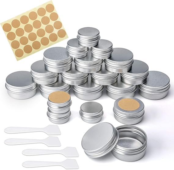 20 Pcs Empty Cosmetics Container Pots 3 Sizes,20ml/10ml/5ml | Aluminium Tin Jars with Screw Lids,Labels and Mini Spatula, Sample Pots for Lip Balm,Candle Making,Cream,Powder,Cosmetics