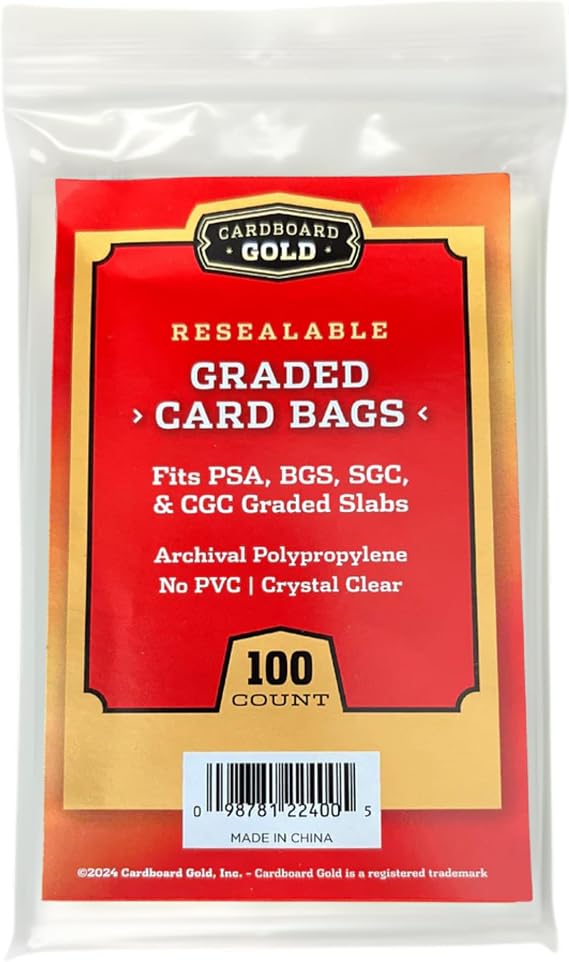 Cardboard Gold Graded Card Sleeve - Fits PSA, SGC, BGS, CGC Trading Cards - Slab Sleeves w/Adhesive Flap - Archival Safe, PVC-Free Protector Bags for Baseball, Sports, Gaming Cards - 100 ct