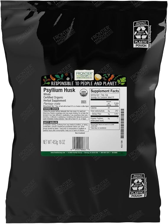Frontier Co-op Organic Whole Psyllium Husk, Fiber for Baking, Psyllium Nutritional Supplement for Digestion, Kosher | 16 Ounce (Pack of 1)