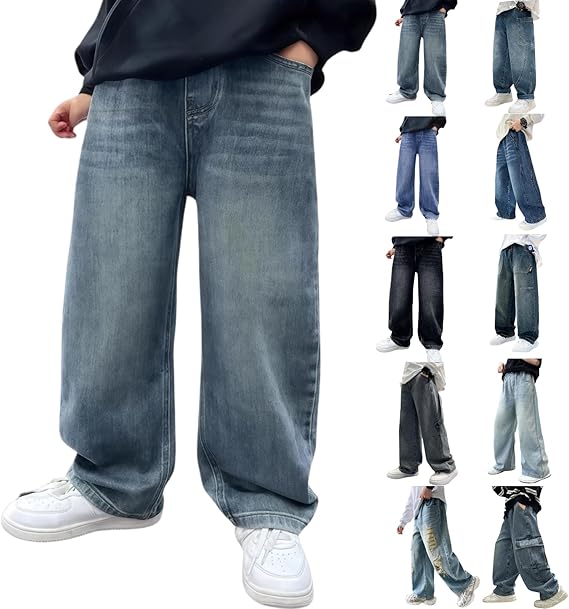 Boys Baggy Jeans Kids Fashion Straight Wide Leg Jean Elastic Waist Denim Pant Preppy Teen Clothes Streetwear 4-14T
