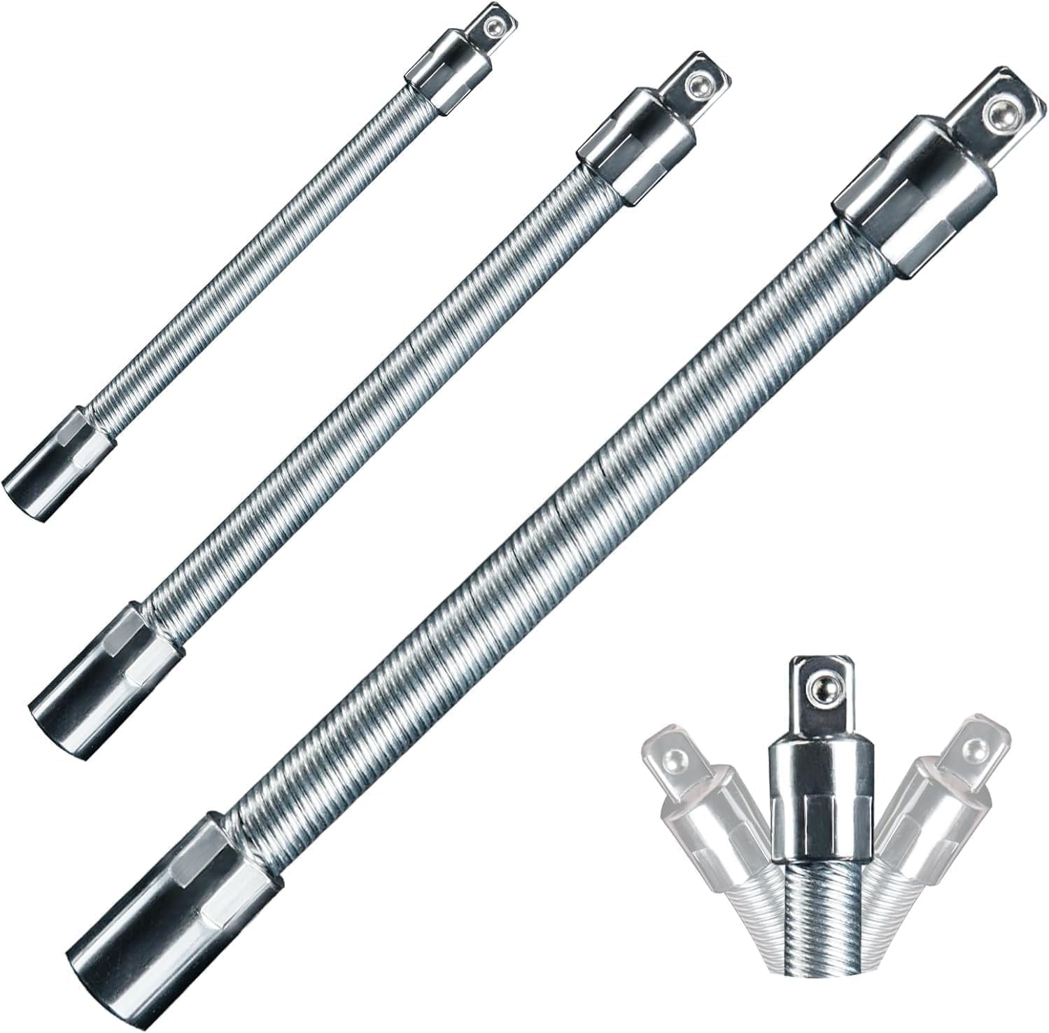 Flexible Socket Extension Rod Set 3-Piece 1/2 3/8 1/4 Drive 10 (254mm) 8 (203.2mm) 6 (152.4mm) Length - Spring Loaded Safety Balls Prevent Slipping