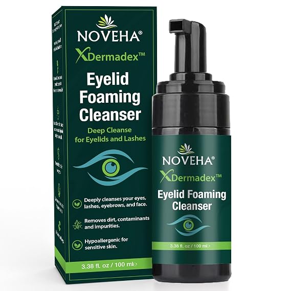 NOVEHA Extra Strength Tea Tree Eyelid & Face Foaming Cleanser Daily Cleansing Foam with Tea Tree Oil, Coconut Oil, Vitamin E & Pro-Vitamin B5 For Eyelids, Lashes & Face 3.38 fl oz (100ml)