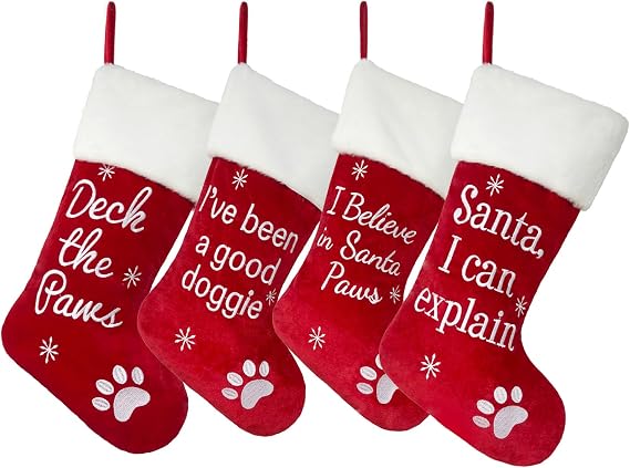 nuvagiki 4 Pack Christmas Dog Stockings - 18inch Red Velvet with Paw Embroidery - Pet Stockings for Dogs & Cats - Perfect Christmas Stocking for Pets, Fireplace Mantle, or Pet Lovers' Gift