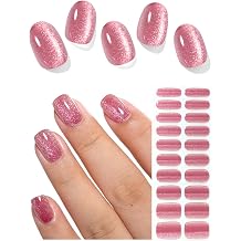 AutyaMee Semi Cured Gel Nail Strips (Crimson Cat Eye), 20 Pcs Pink Red Gel Nail Wraps, Stickers, Long Lasting, UV Light Required
