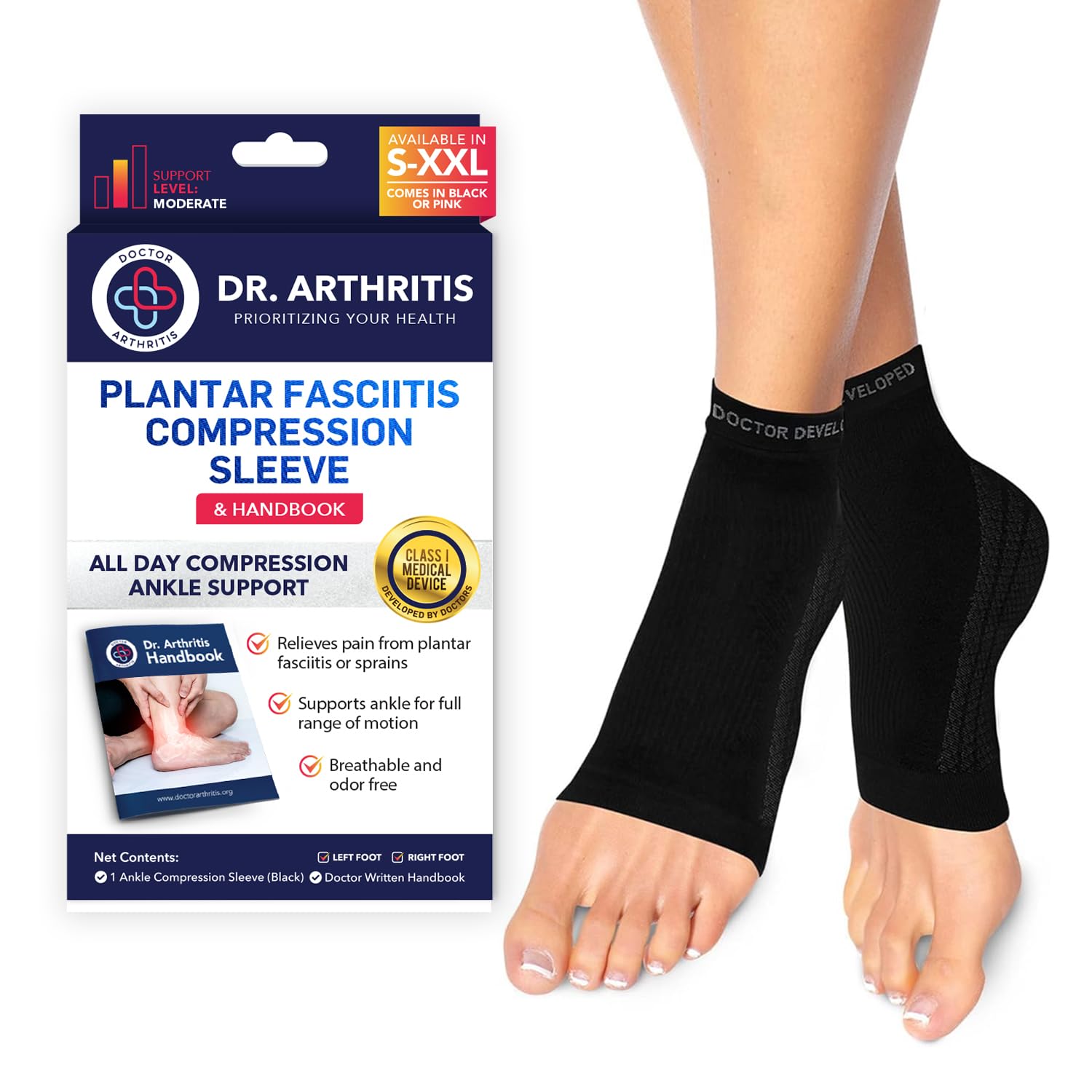 Doctor Developed Plantar Fasciitis SocksCompression Foot Sleeves, Copper Ankle Brace for Heel Support & Doctor Written Handbook Black, M