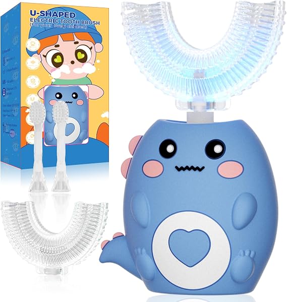 Kids U Shaped Electric Toothbrush, with 3 Cleaning Modes, with 4 Brush Heads, 360 Sonic Automatic Toothbrush, IPX7 Waterproof Cartoon Dinosaur Design (Ages 2-12)