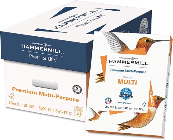 Hammermill 106310 Premium Multipurpose Paper, 20-lb, 8-1/2 x 11, White, 5000/Carton