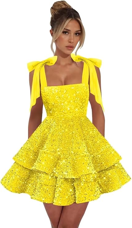 Yuxin Sparkly Sequin Homecoming Dresses with Bow Short Tiered Mini Prom Dress for Teens Sweet 16