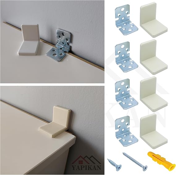 MR.BRACKET 4-Piece Cream Decorative Heavy Duty Cabinet Mounting Hanger with Plastic Cover - Earthquake Cabinet Fixing Apparatus Set - Furniture Wardrobe Coat Rack Dresser Bookcase Shelf Table Wall Stabilizer L Iron