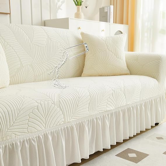 WONGS BEDDING Stretch Velvet Sofa Slipcover, Cushion Couch Cover with Skirt, Pet Friendly Durable Washable Stretchable, Easy Fit Universal Furniture Protector, (66"-90",Beige)