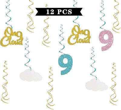 Maicaiffe On Cloud 9 Hanging Swirl Decorations - Glitter 12 Pcs 9th Birthday Party Supplies - Children Birthday - Nine Streamers - Nine Years Old Party Foil Swirls Ceiling Decorations