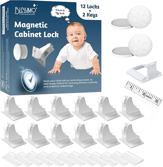 Blessimo 12 Pack Magnetic Cabinet Locks Baby Proofing with 12 locks and 2 Keys - Child Locks For Kitchen, Cabinets and Drawers - 3M Adhesive Easy Installation