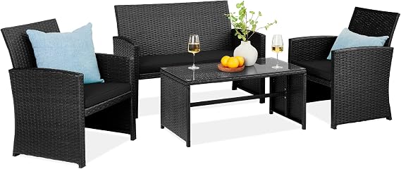 Best Choice Products 4-Piece Outdoor Wicker Patio Conversation Furniture Set for Backyard w/Coffee Table, Seat Cushions - Black/Black