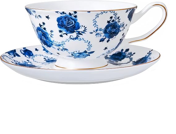 Bone China Teacup and Saucer Set, 7 oz Floral Tea Coffee Cup with Saucer