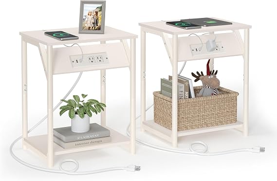 VASAGLE End Table with Charging Station, Set of 2, Small Side Tables