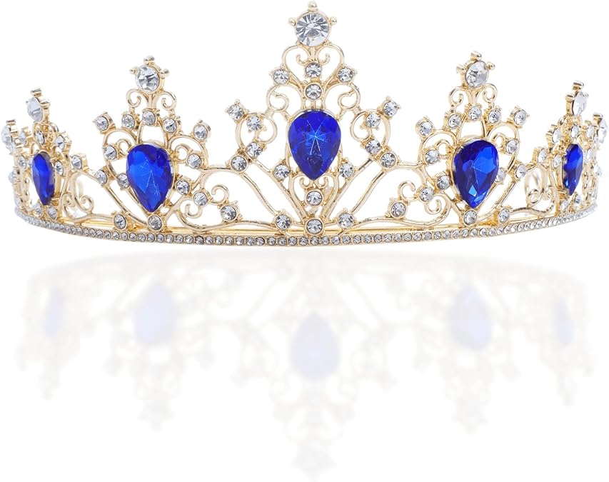 Gold Tiara Crown Crystal Blue Rhinestone Tiara Princess Bride Headband for Wedding, Birthday, Pageant, Party, Blue,Gold