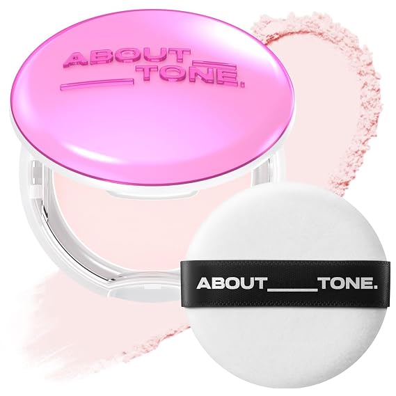 ABOUT TONE Powder Pact - Pressed Powder Compact with Mirror and Puff Makeup Fixing Setting Natural Blur Semi-Matte Finish Transparent Face Tone-Up Oil & Sebum Control Vegan (GLOW POWDER PACT)