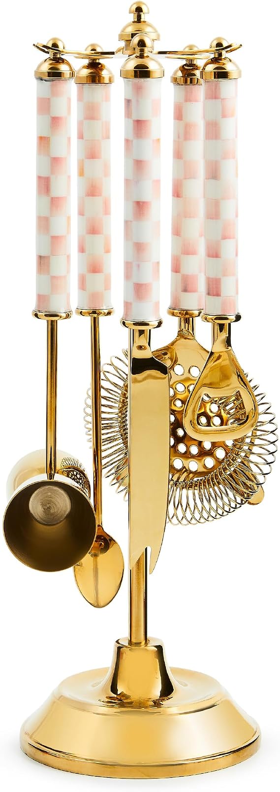 MACKENZIE-CHILDS 3260 Bar-Tool Set, Pink-and-White Rosy Check Gold